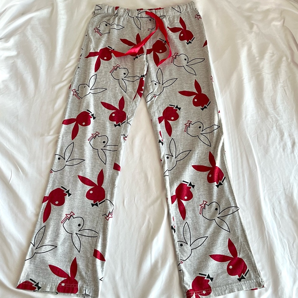 Playboy Lounge Pants Medium Gray Red Bunny Print Y2K Elastic Waist
